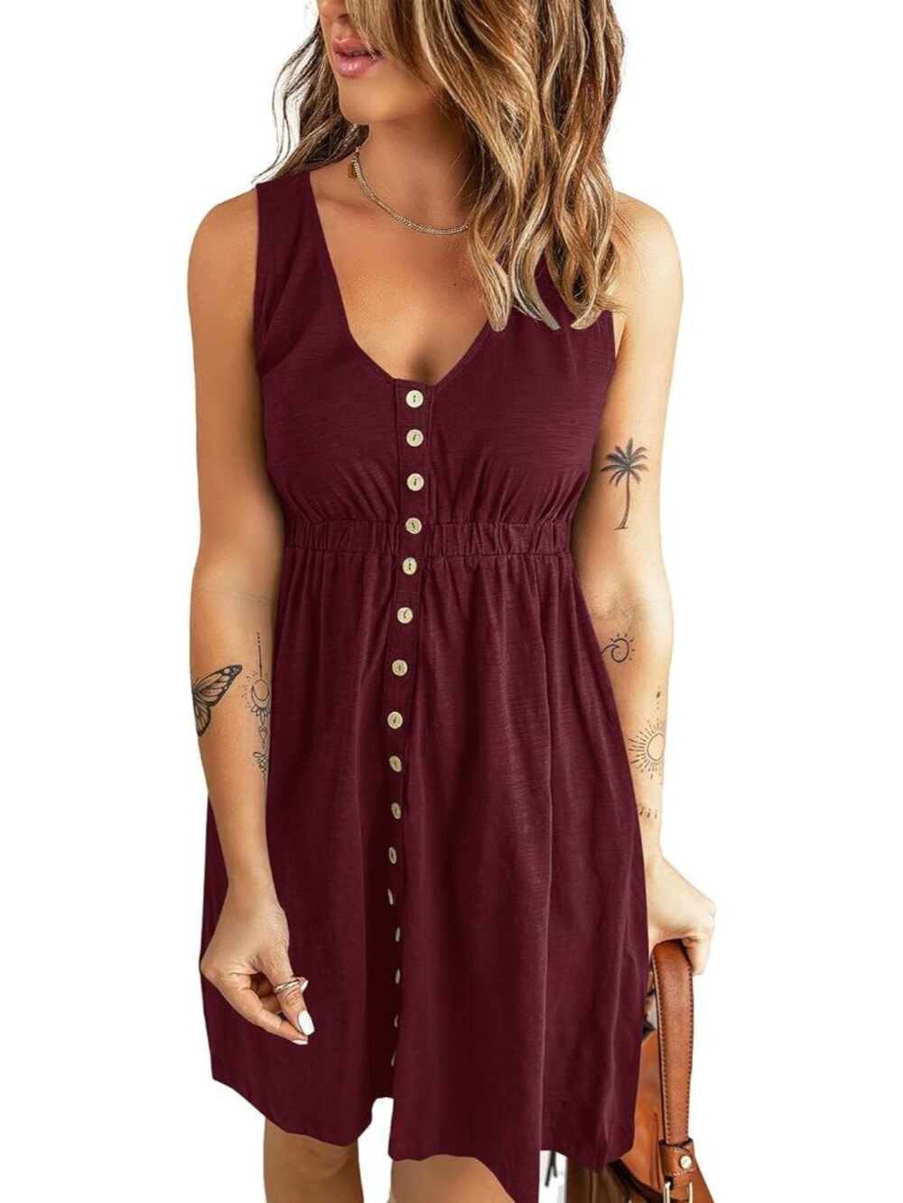 Women's Wine Red Spring Clothes Sleeveless Crew neck Mini Flowy Sun Dresses